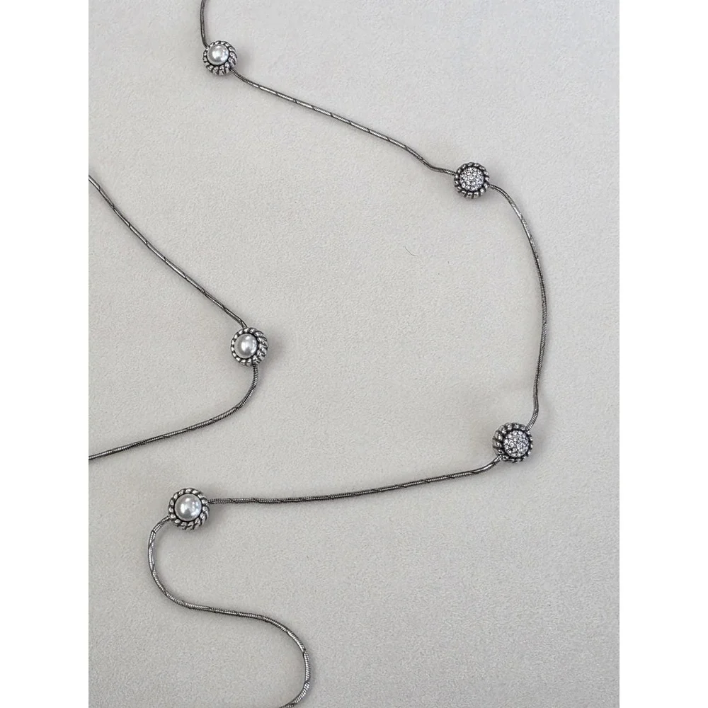 Vtg BRIGHTON Signed Faux Pearl Station Necklace Reversible Snake Chain 40
